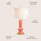 JONATHAN Y 27" Coral/Gold Painting Modern Ceramic Table Lamp for Bedroom Living Room, with White Linen Shade, Glam Geometric Bedside Nightstand Lamp, LED Bulb Included (JYL6607B)