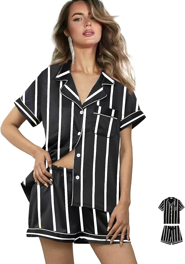 WJing Yi Jia Womens 3Pcs Satin Pajamas Set Floral Silk Pajama Sets Stripe Lounge Set Silky Sleepwear XS-2XL Pjs Long Scarves