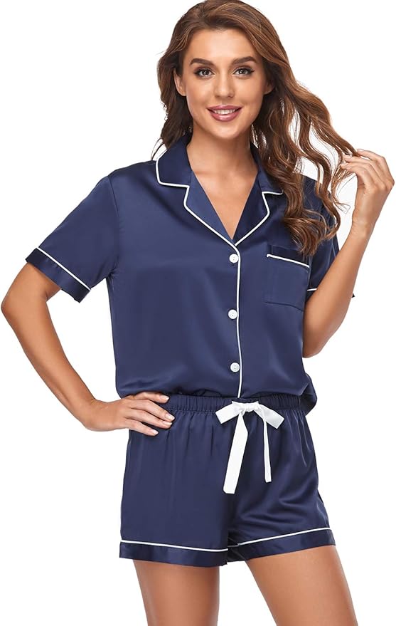 Serenedelicacy Women's Satin Pajama Set 2-Piece Sleepwear Loungewear Button Down Short Sleeve Silky PJ Set