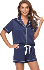 Serenedelicacy Women's Satin Pajama Set 2-Piece Sleepwear Loungewear Button Down Short Sleeve Silky PJ Set