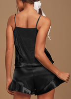 Aamikast Womens Silk Satin Pajama Sets Sexy Cami Ruffled Shorts Sets 2 Piece Pjs Sleepwear