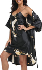 Women's Satin Robe Sets 2 Piece Nightgown Silk Pajama Sexy Floral Lingerie Lace Cami Sleepwear Night Robes