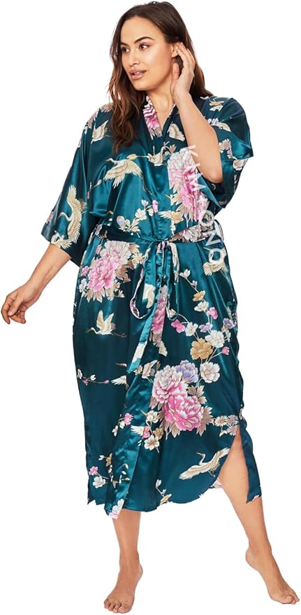 KIM+ONO Plus Size Luxury Kimono Robe for Women | Long Satin Floral Robe | Original Design | Removable Waist Tie Closure