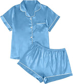 LILLUSORY Silk Satin Pajama Set for Women 2 Piece Lounge Pjs Winter Matching Summer Sleepwear Button Down Shirt Shorts