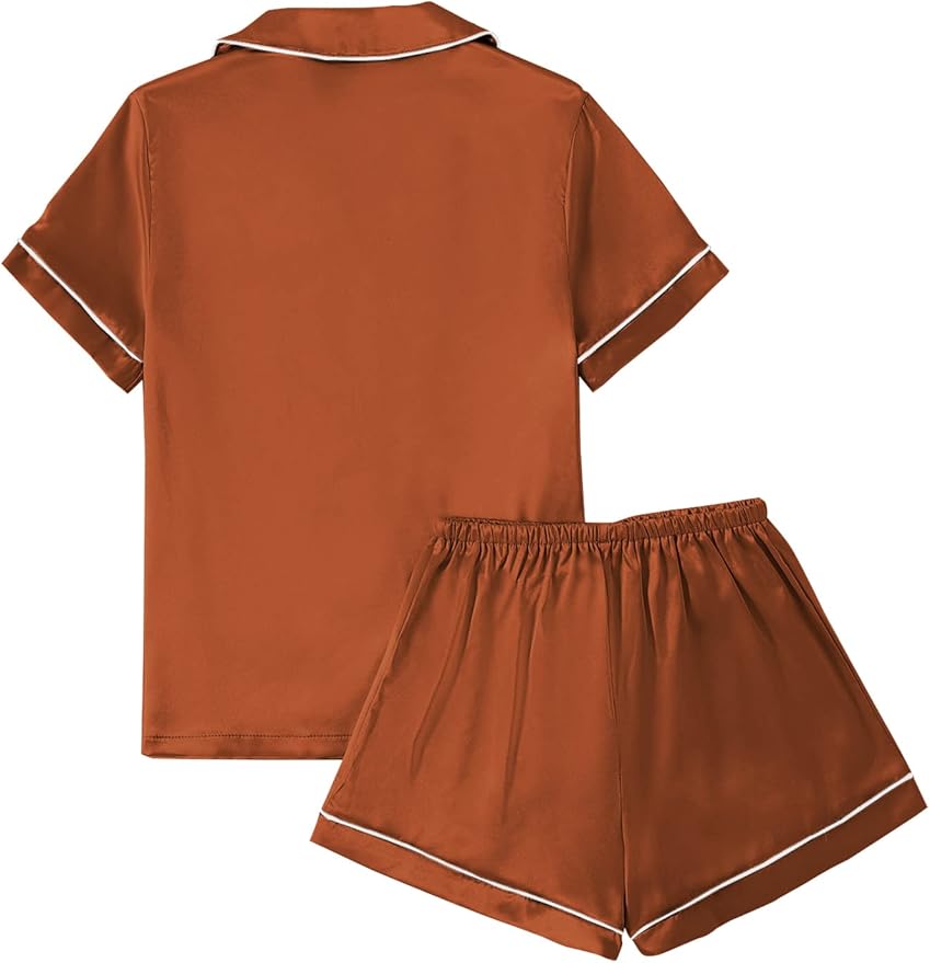 LYANER Women's Silky Satin Pajamas Set Short Sleeve Button Down Shirt With Shorts Pjs Set Sleepwear