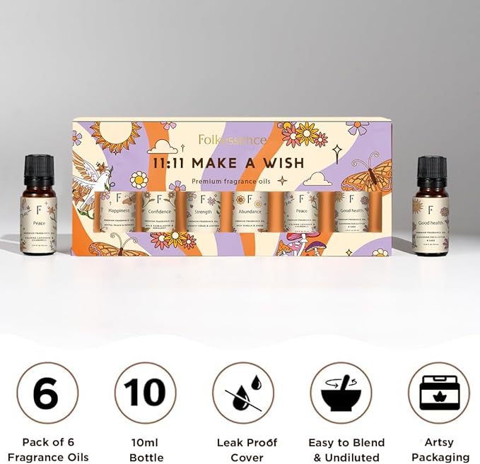 Folkulture Essential Oils Set for Diffuser | Manifestation & Mindfulness Aromatherapy | Set of 6 Calming Home Fragrance Oils - Sandalwood, Vanilla, Eucalyptus, Chamomile & More | 11:11 Make a Wish