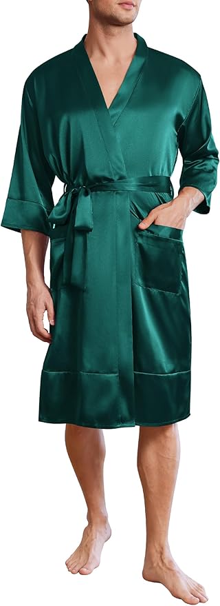 Ekouaer Mens Satin Robe Lightweight Silky Kimono Bathrobe 3/4 Sleeve Spa Knee Length Loungewear with Pockets S-3XL