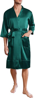 Ekouaer Mens Satin Robe Lightweight Silky Kimono Bathrobe 3/4 Sleeve Spa Knee Length Loungewear with Pockets S-3XL