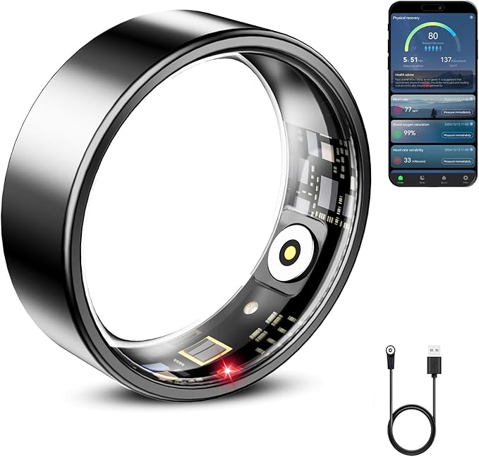 Mirlray Smart Ring for Women & Men, Smart Ring Health Tracker, Blood Oxygen & Heart Rate Monitor Sleep Ring, Waterproof Fitness Ring, Long Lasting Battery Smart Rings (Black, #6)