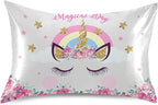 Cute Unicorn Girl Print Satin Pillowcase for Hair and Skin, Unicorn and Pink Flowers Silk Pillow Case with Envelope Closure, King Size 20x40 inches, White, 1 PC