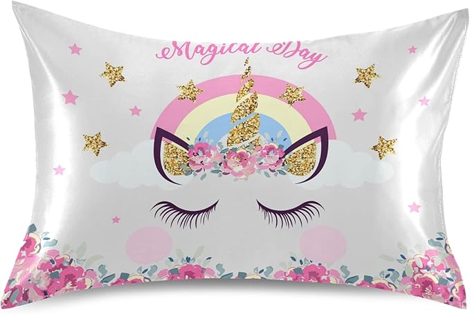 Cute Unicorn Girl Print Satin Pillowcase for Hair and Skin, Unicorn and Pink Flowers Silk Pillow Case with Envelope Closure, King Size 20x40 inches, White, 1 PC