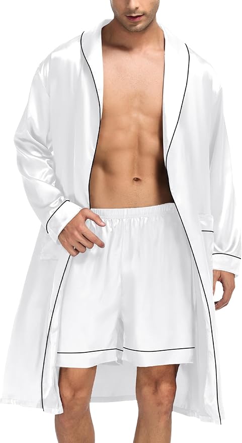 SWOMOG Men's Satin Robe Silky Kimono Bathrobe with Shorts Set Lightweight Soft Loungewear Nightwear
