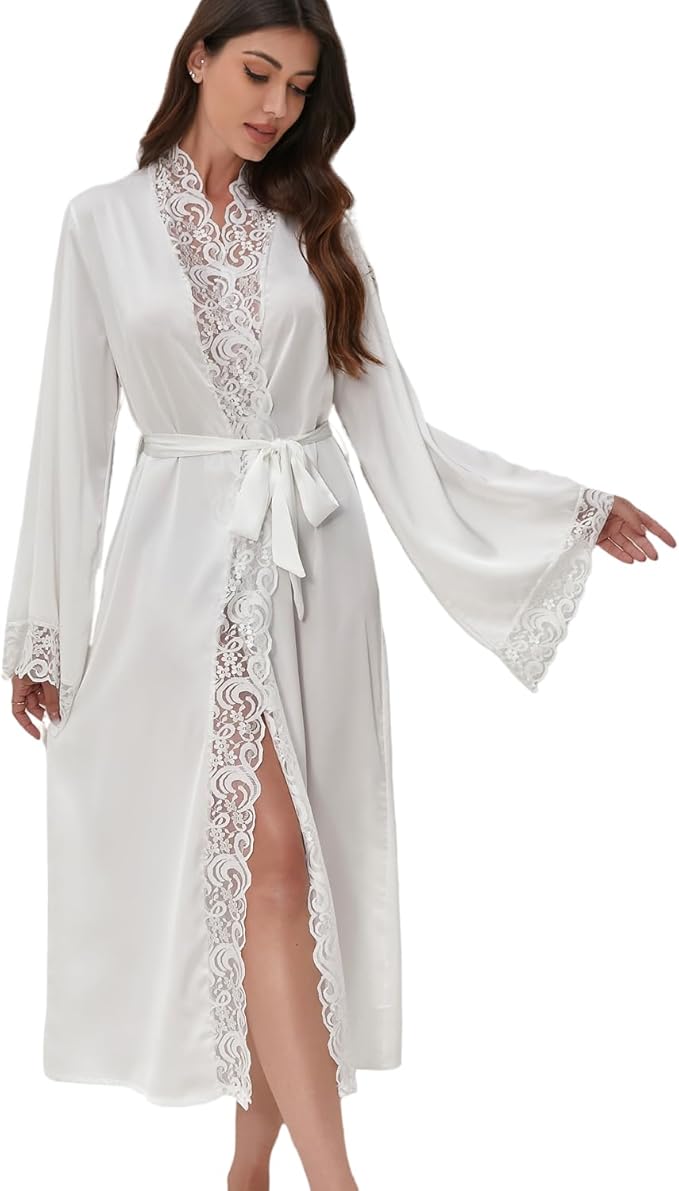 Women Sexy Satin Lace Robe,Long Sleeve Silk Bathrobe with Belt Soft Lightweight Full Length Sleepwear