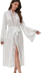 Women Sexy Satin Lace Robe,Long Sleeve Silk Bathrobe with Belt Soft Lightweight Full Length Sleepwear