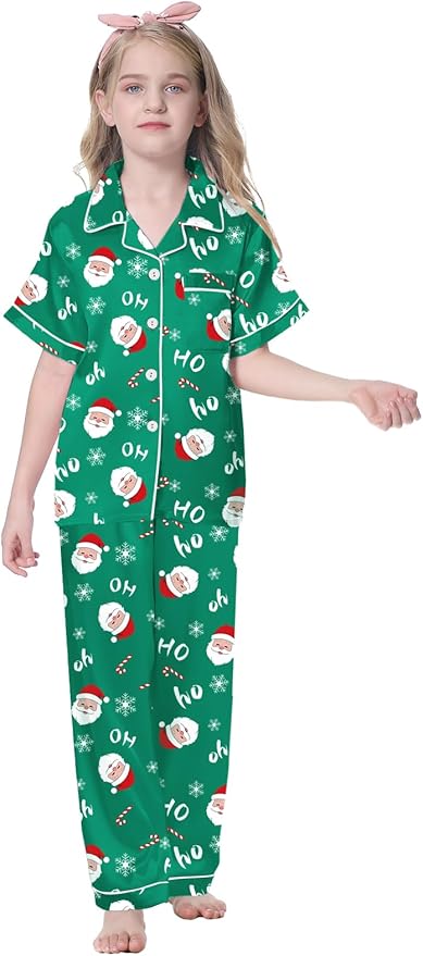 Umeyda Girls Womens Pajamas Set, Satin Silky Button Down Loungewear 2 Piece Short Sleeve Pants PJS Sets for Mommy Kids