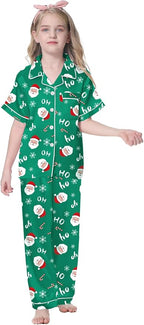 Umeyda Girls Womens Pajamas Set, Satin Silky Button Down Loungewear 2 Piece Short Sleeve Pants PJS Sets for Mommy Kids