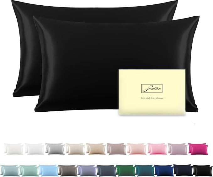 Silk Pillow Cases 2 Pack,Soft Breathable and Sliky Standard Size Pillow Cases Set of 2,Natural Mulberry Silk Pillowcase Set of 2 for Hair and Skin with Hidden Zipper (Black,20"X 26",2pcs)