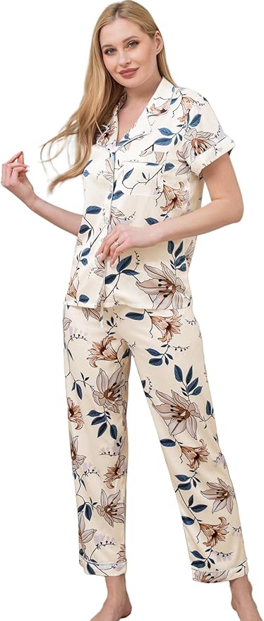 WJing Yi Jia Womens Pajamas Set XS-4XL Floral Silk Satin Pajama Sets Silky Pj Sets 2Pcs Loungewear Sleepwear Button Down Pjs