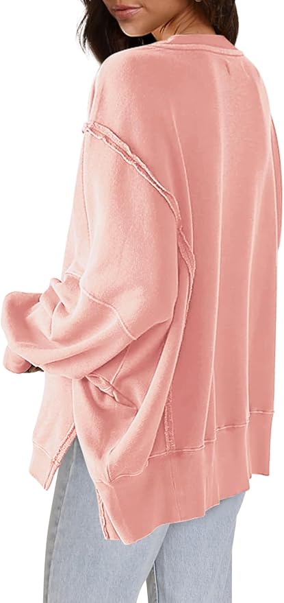 Nirovien Womens Oversized Crewneck Sweatshirt Side Slit Long Sleeve Pullover Slouchy Fit Tops