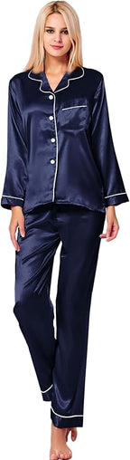 SWOMOG Womens Silk Satin Pajamas Set Long Sleeve Button Down Sleepwear 2 Piece Lounge Set Pj Set XS-3XL