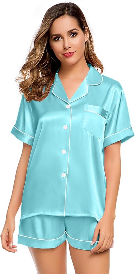 LecGee Womens Silk Satin Pajamas Short Sleeve Loungewear Two-Piece Sleepwear Button-Down Pj Set