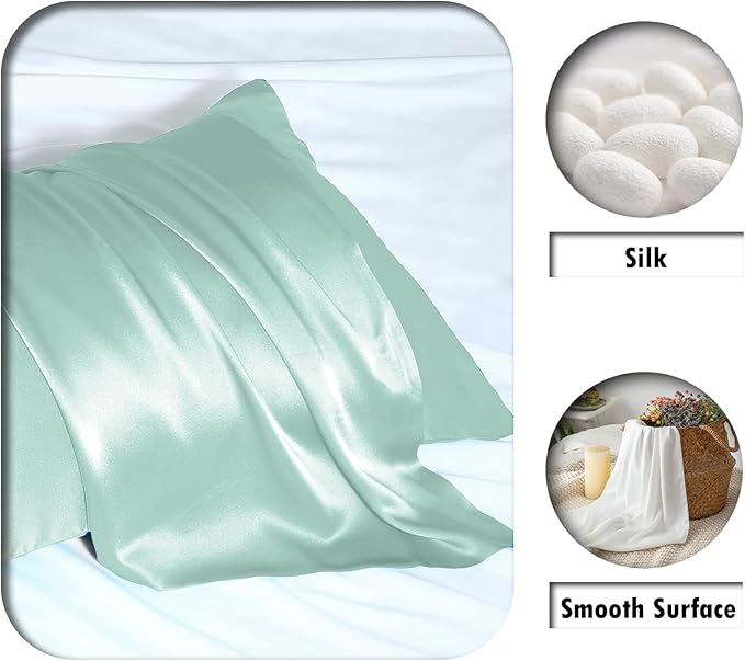 Silk Pillow Cases 2 Pack,Soft Breathable and Sliky Standard Size Pillow Cases Set of 2,Natural Mulberry Silk Pillowcase Set of 2 for Hair and Skin with Hidden Zipper (Sage Green,20"X 26",2pcs)