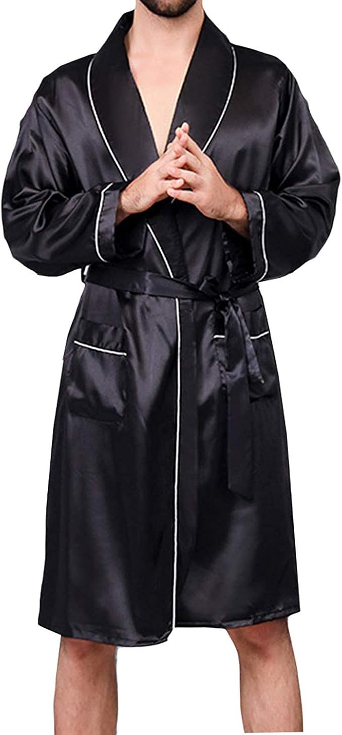 Mens Satin Robe,Silk Long Sleeve House Kimono Bathrobe,Soft Loungewear Dragon Robe
