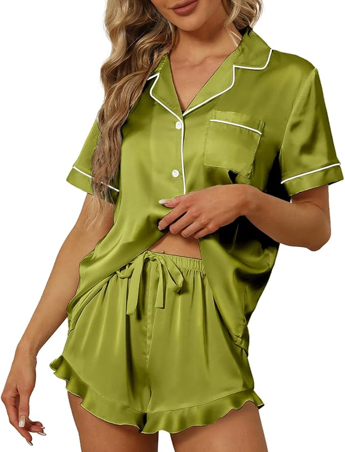 SAPJON Satin Silk Pajamas for Women 2Pcs Ruffle Notch Collar Sleepwear Button Down Short Sleeve Shorts Pjs Set Loungewear