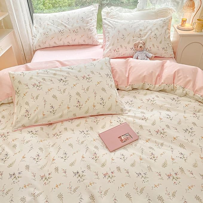 Nayoroom Floral Duvet Cover King Size Girls Pink White Botanical Flower Coquette Bedding Set 3 Pieces Soft Breathable Garden Cottagecore Aesthetic Comforter Cover with Pillow Shams