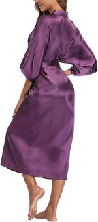 Women's Silk Robes Soft Long Satin Kimono Bathrobe Bride Bridesmaid Wedding Party Robes Sexy Sleepwear with Pockets