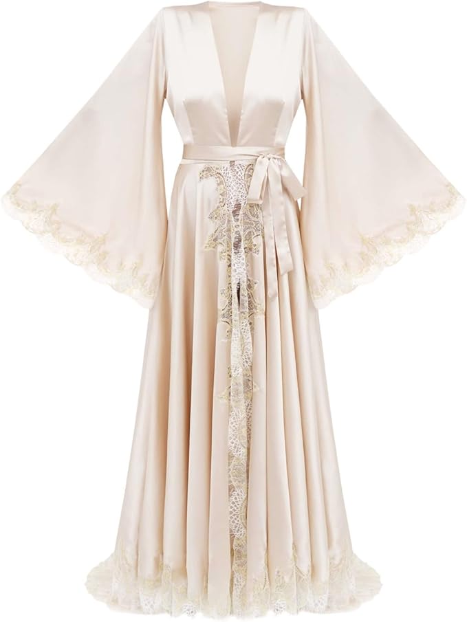 BATHGOWN Women's Satin Robe Black Silk Kimono Bride Robe for Wedding Day Lightweight Long Lace Loungewear Sleepwear
