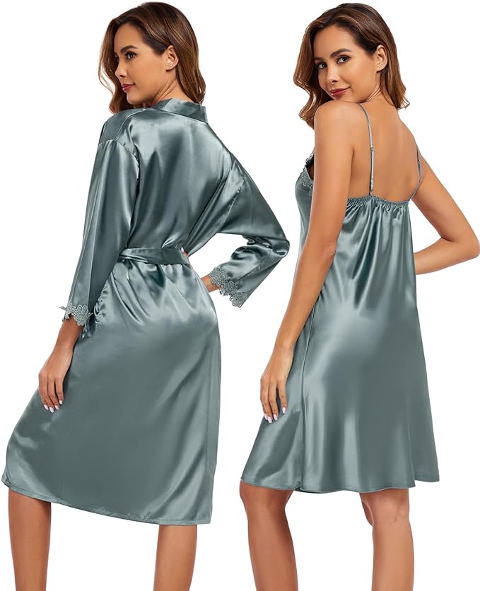 BestWendding Women's Silk Robe Set 2 Pieces Pajamas Sets Sexy Soft Satin Robe with V Neck Camisole Lingerie Nightgown