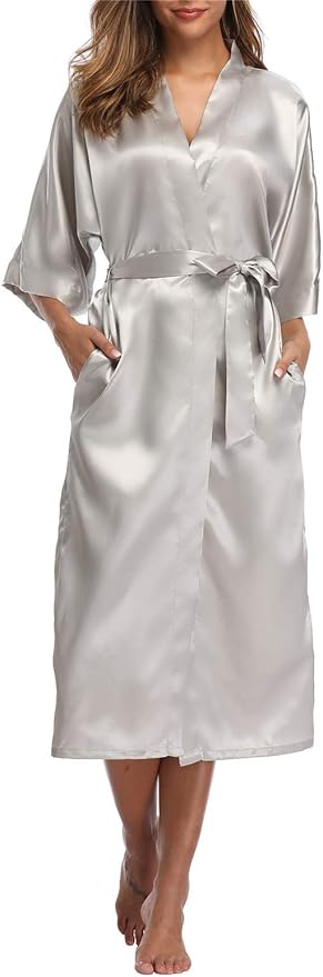 Women's Silk Robes Soft Long Satin Kimono Bathrobe Bride Bridesmaid Wedding Party Robes Sexy Sleepwear with Pockets