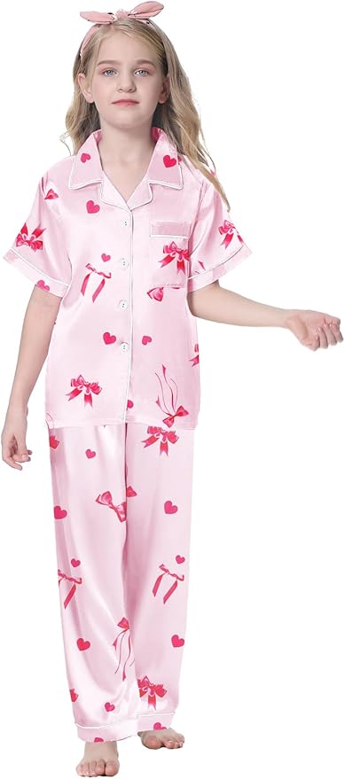 Umeyda Girls Womens Pajamas Set, Satin Silky Button Down Loungewear 2 Piece Short Sleeve Pants PJS Sets for Mommy Kids
