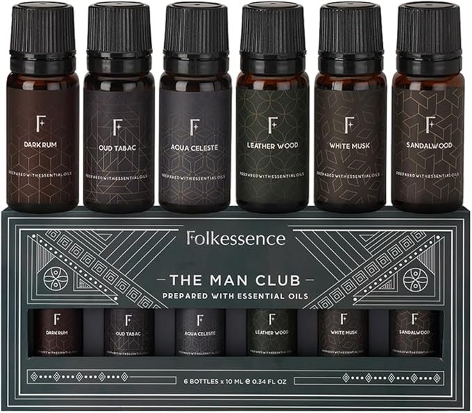 Folkulture Essential Oils Set for Men for Diffuser | Set of 6 Home Fragrance Oils | Oud, White Musk, Tobacco, Sandalwood & Leather Wood | Aromatherapy Gift Set for Men