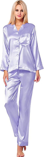 SWOMOG Long Sleeve Pajamas Set Silk Satin Sleepwear Button Down Pjs Loungewear with Pocket