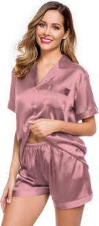 LecGee Womens Silk Satin Pajamas Short Sleeve Loungewear Two-Piece Sleepwear Button-Down Pj Set