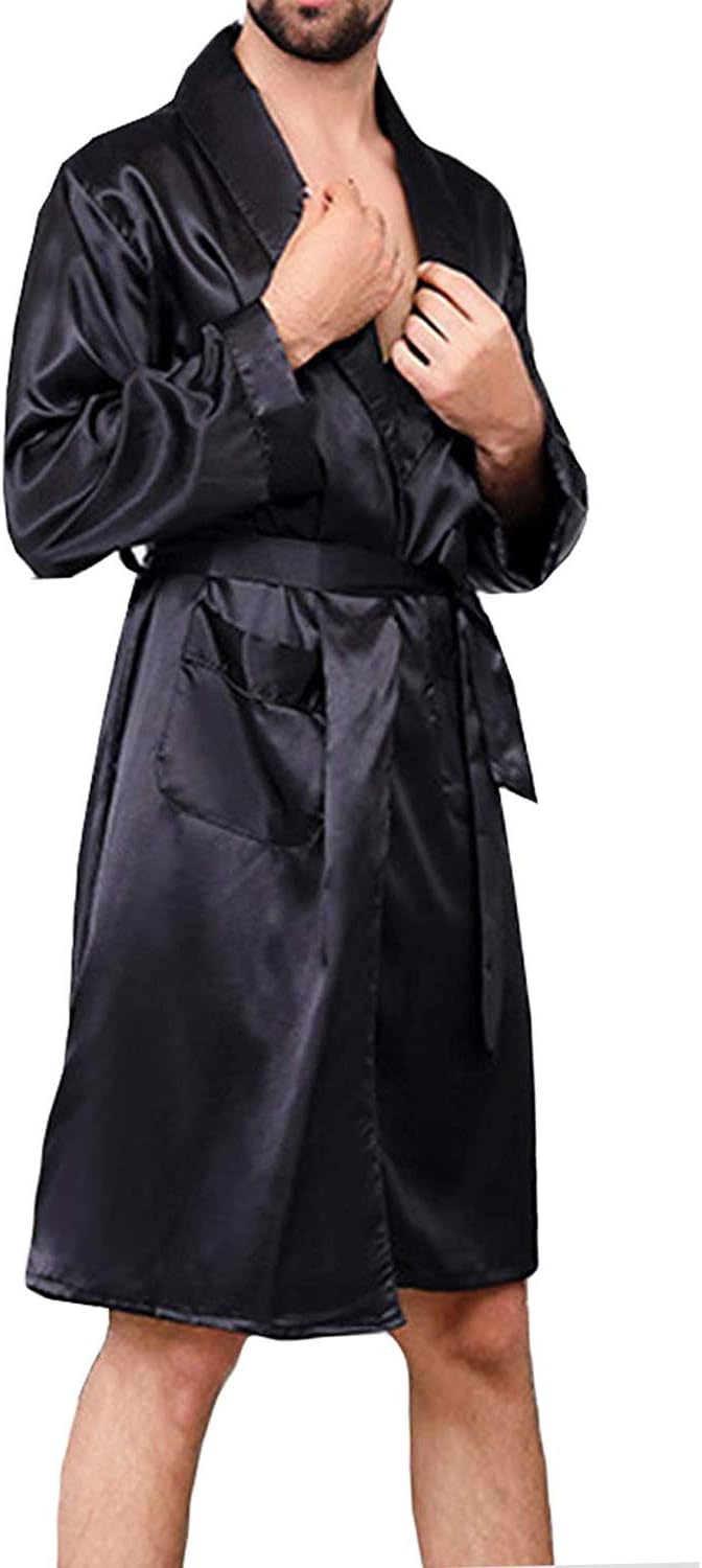 Mens Satin Robe,Silk Long Sleeve House Kimono Bathrobe,Soft Loungewear Dragon Robe