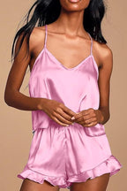 CHYRII Women's Sexy Silk Satin Ruffled Pajamas Sets Cami Shorts Sets Sleepwear