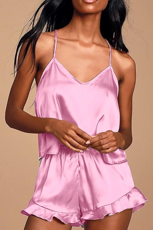 CHYRII Women's Sexy Silk Satin Ruffled Pajamas Sets Cami Shorts Sets Sleepwear