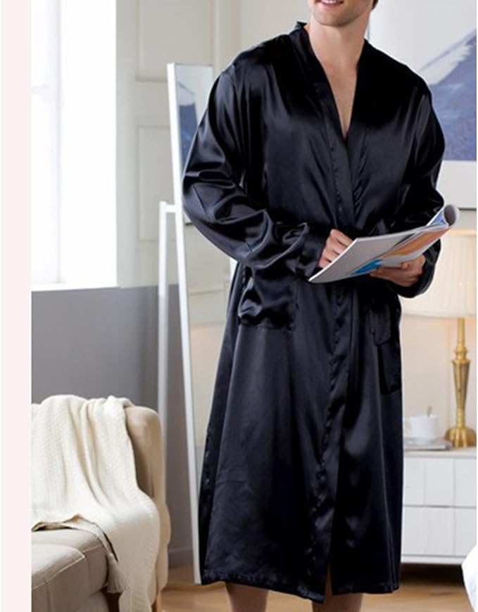 Men's Satin Robe Silky Bathrobe Soft Comfy Casual Bathrobe Fashion Comfy Solid Color Long Loungewear with Pocket