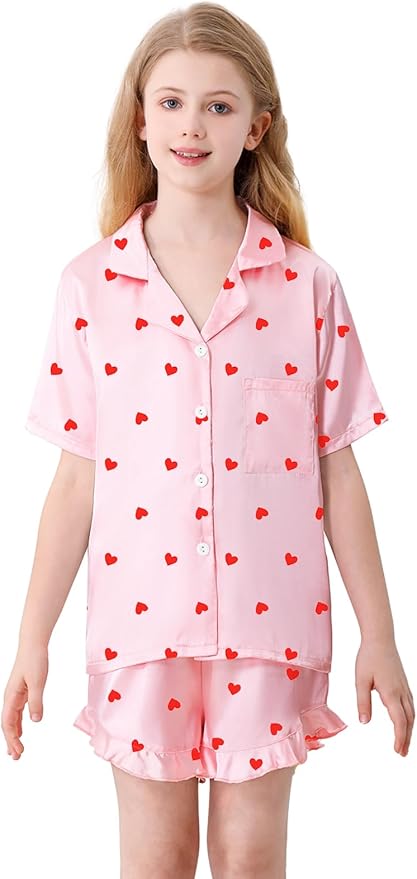 Umeyda Girls & Women Satin Pajamas Set Button Down 2 Piece Silk Pjs Shorts Set Ruffle Sleepwear, 5 Years-Women L