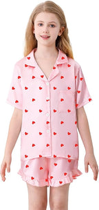 Umeyda Girls & Women Satin Pajamas Set Button Down 2 Piece Silk Pjs Shorts Set Ruffle Sleepwear, 5 Years-Women L