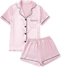 LYANER Women's Silky Satin Pajamas Set Short Sleeve Button Down Shirt With Shorts Pjs Set Sleepwear