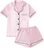 LYANER Women's Silky Satin Pajamas Set Short Sleeve Button Down Shirt With Shorts Pjs Set Sleepwear