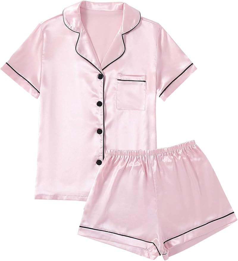 LYANER Women's Silky Satin Pajamas Set Short Sleeve Button Down Shirt With Shorts Pjs Set Sleepwear