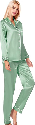 SWOMOG Womens Silk Satin Pajamas Set Long Sleeve Button Down Sleepwear 2 Piece Lounge Set Pj Set XS-3XL