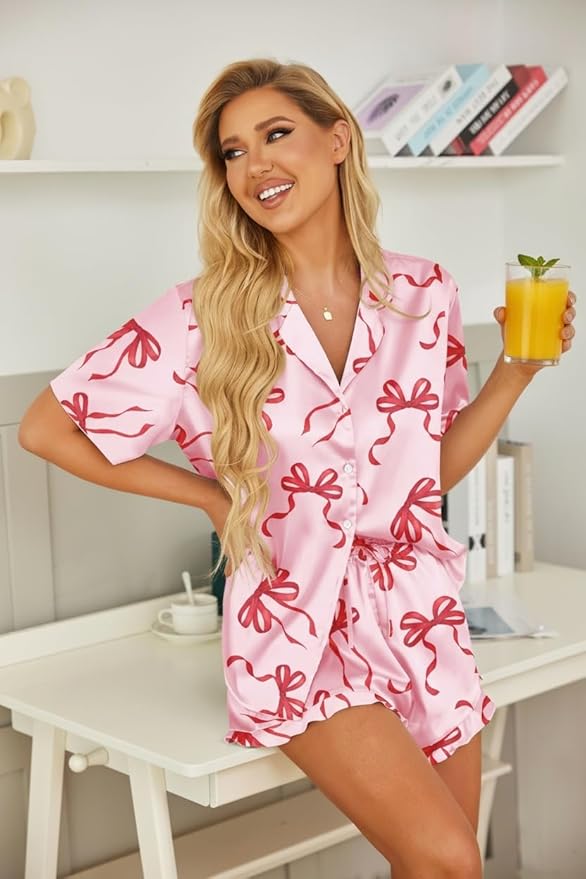 HOTOUCH Womens Satin Pajamas Set Button Down 2 Piece Silk Pjs Shorts Set Ruffle Lingerie Notch Collar Sleepwear