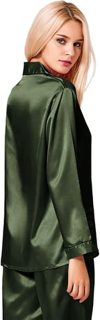 SWOMOG Womens Silk Satin Pajamas Set Long Sleeve Button Down Sleepwear 2 Piece Lounge Set Pj Set XS-3XL