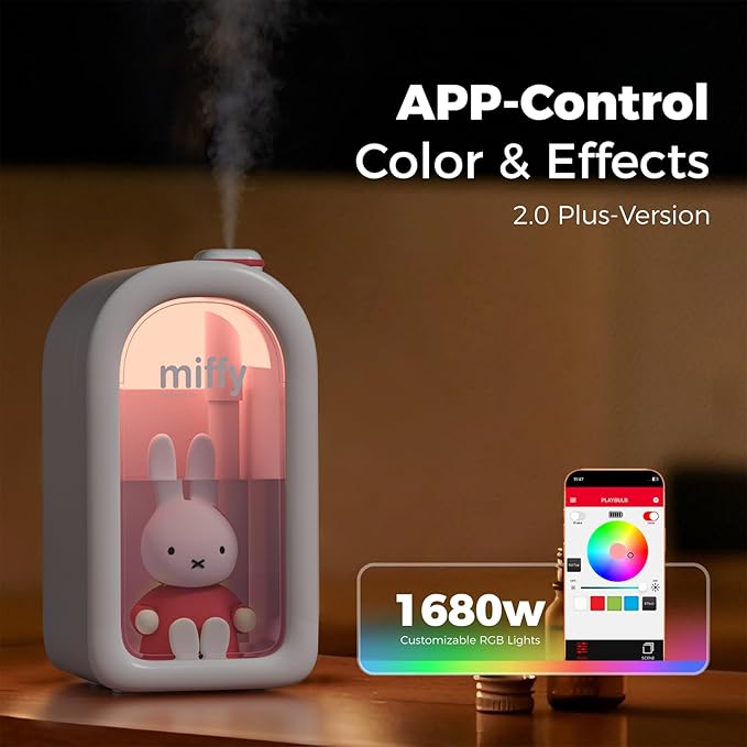 Mipow X Miffy Cool Mist Humidifier - Ultrasonic Quiet Humidifiers, Mini Cute Humidifier with Night Light, 380ml Humidifiers for Bedroom，App-Controlled RGB Light (2.0 Plus-Version) - Pink